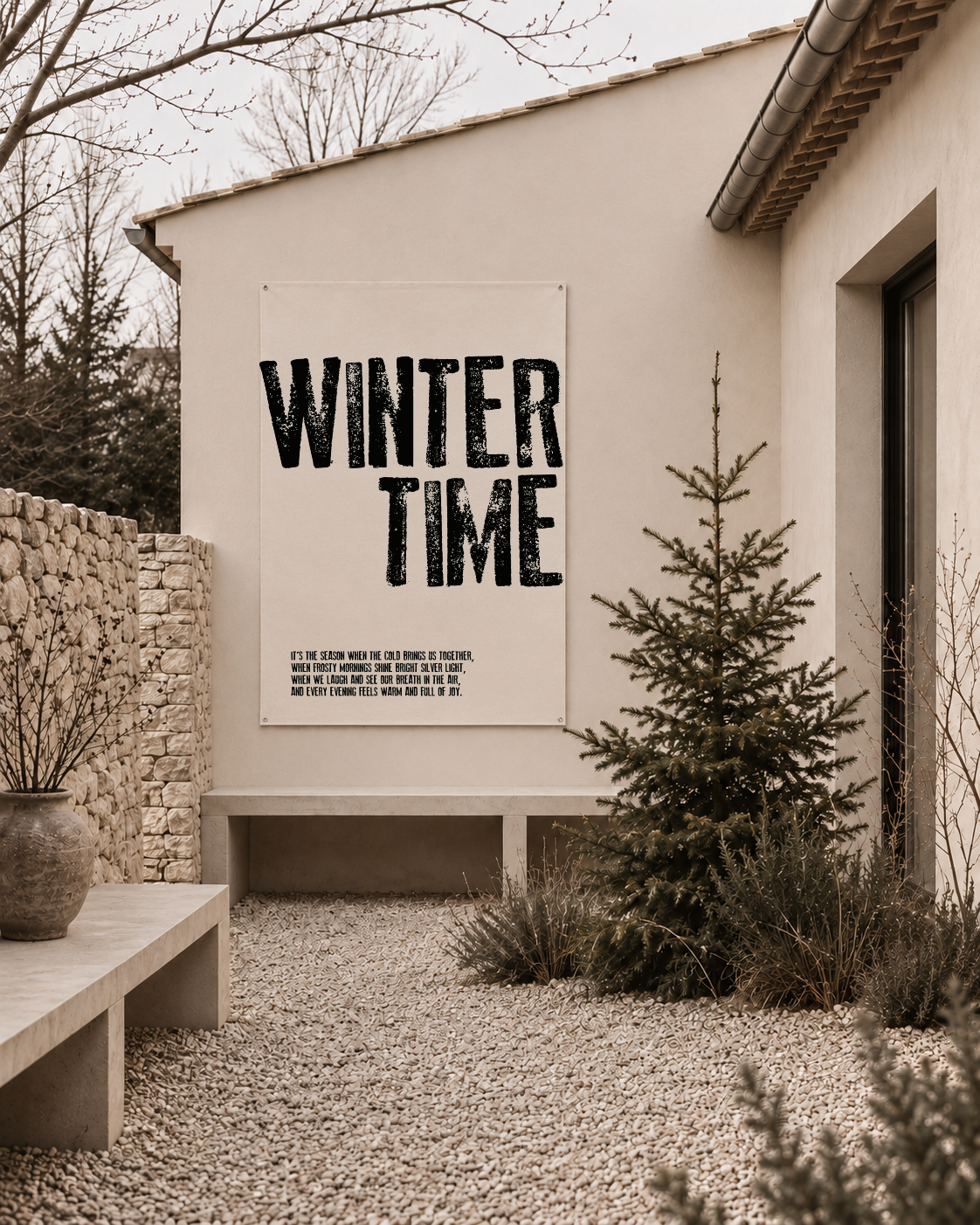 tuinposter poster beige met zwarte letters winter time