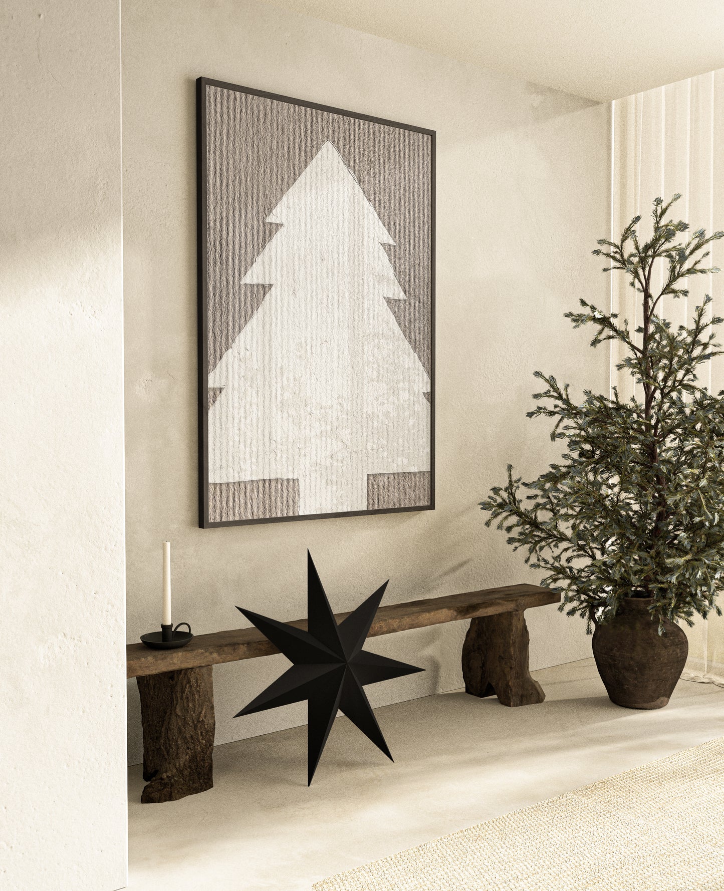 huisje van sanne kerstboom poster bruin met wit voor een modern japandi interieur