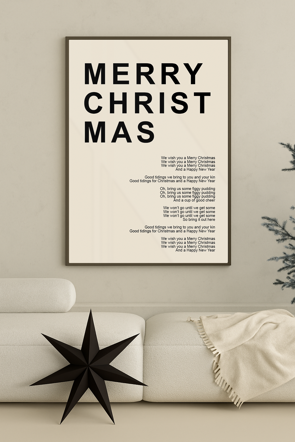 kerst poster poster beige met zwarte letters merry christmas
