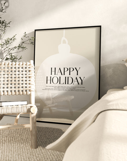 huisje van sanne kerst poster white linen beige met wit en zwarte tekst happy holiday voor een toffe kerstsfeer een modern minimalistisch en japandi interieur.