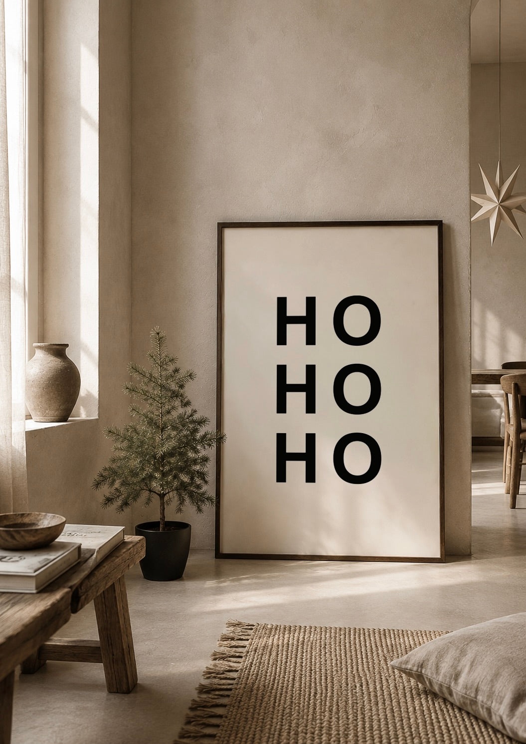 ho ho ho poster licht beige met zwart japandi kerst stijl interieur