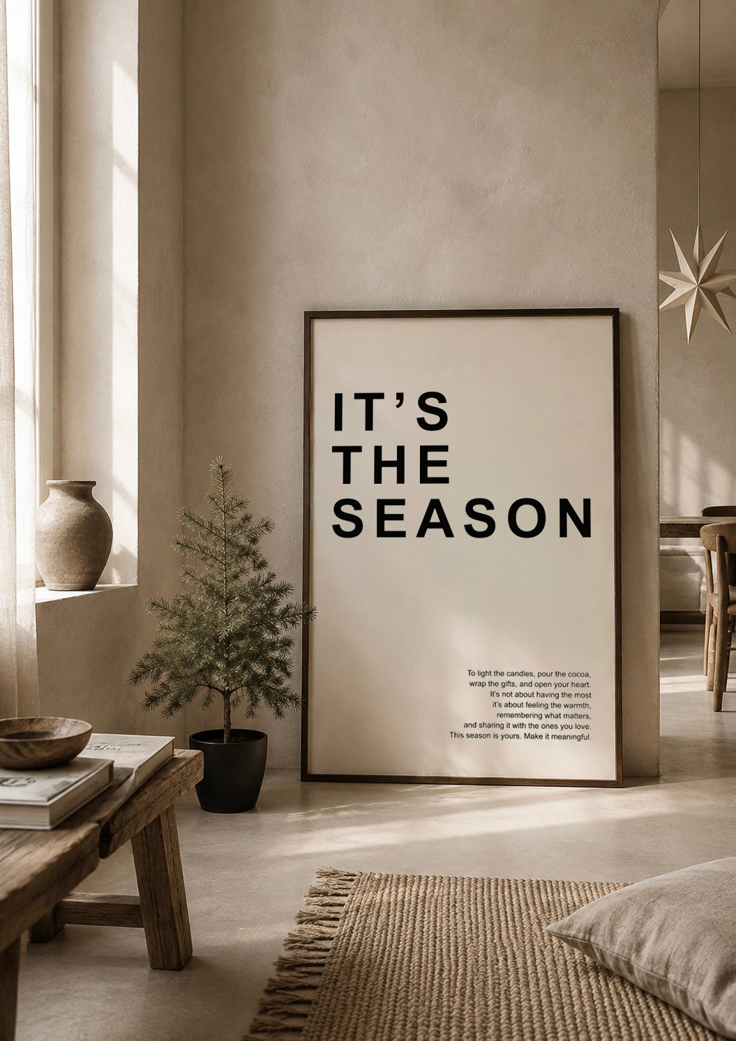it's the season poster licht beige met zwart japandi kerst stijl interieur