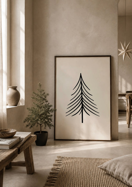 Kerstboom poster licht beige met zwart japandi kerst stijl interieur