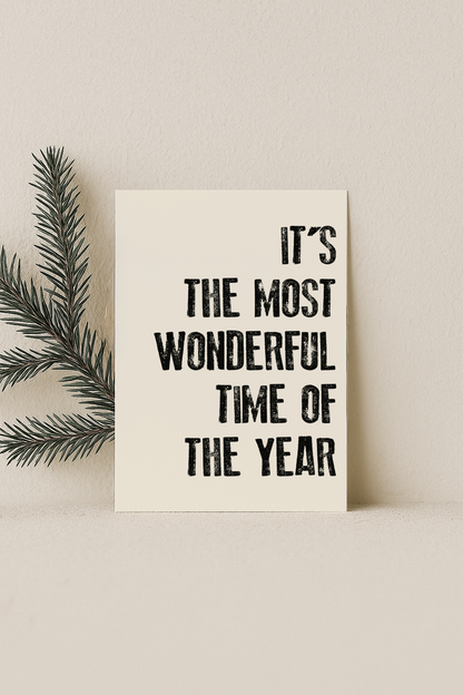 kerst kaart beige met zwarte letters it's the most wonderful time of the year