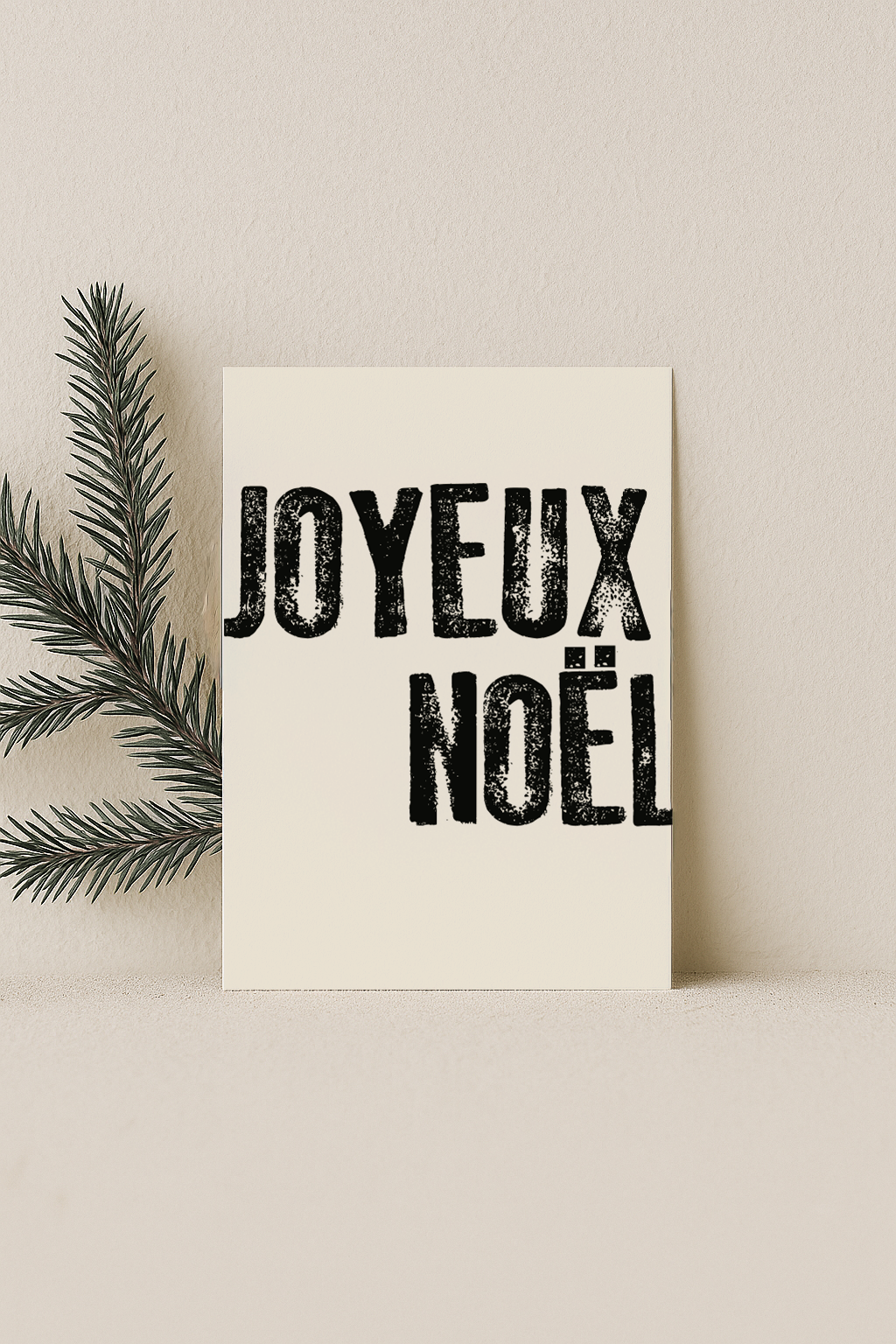 kerst kaart beige met zwarte letters joyeux noel