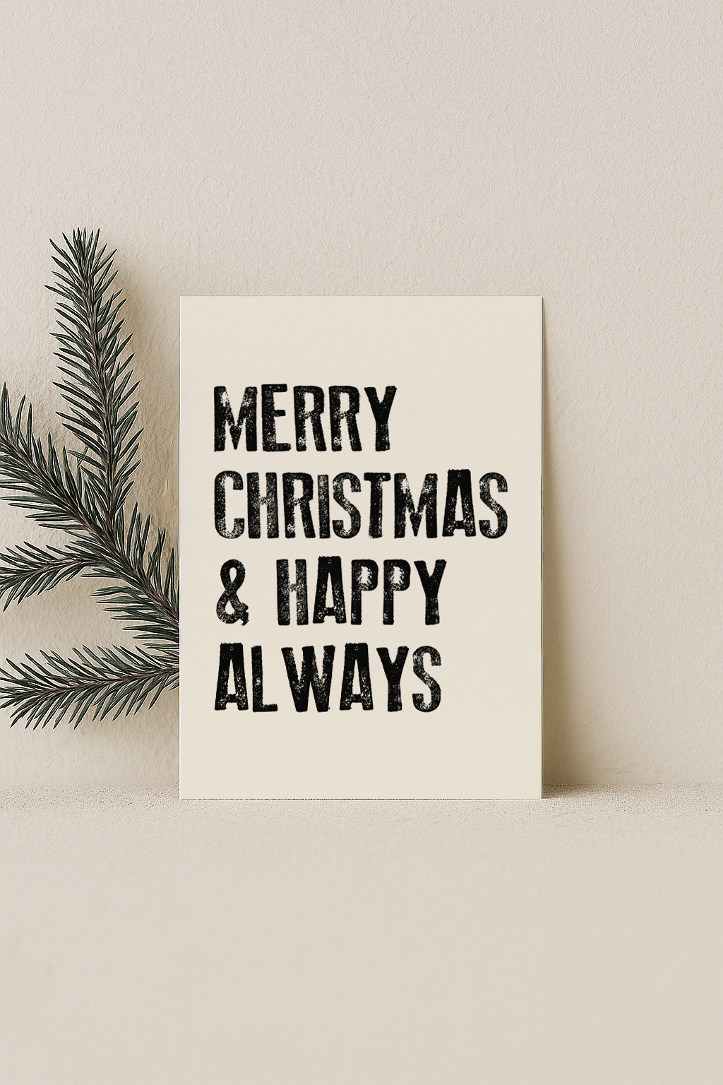 kerst kaart beige met zwarte letters merry christmas & happy always