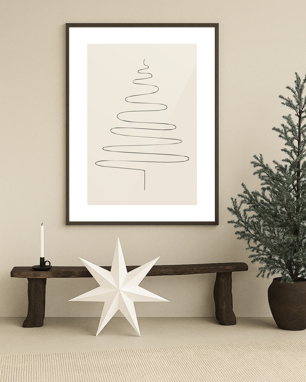kerst poster poster beige met zwarte letters kerstboom