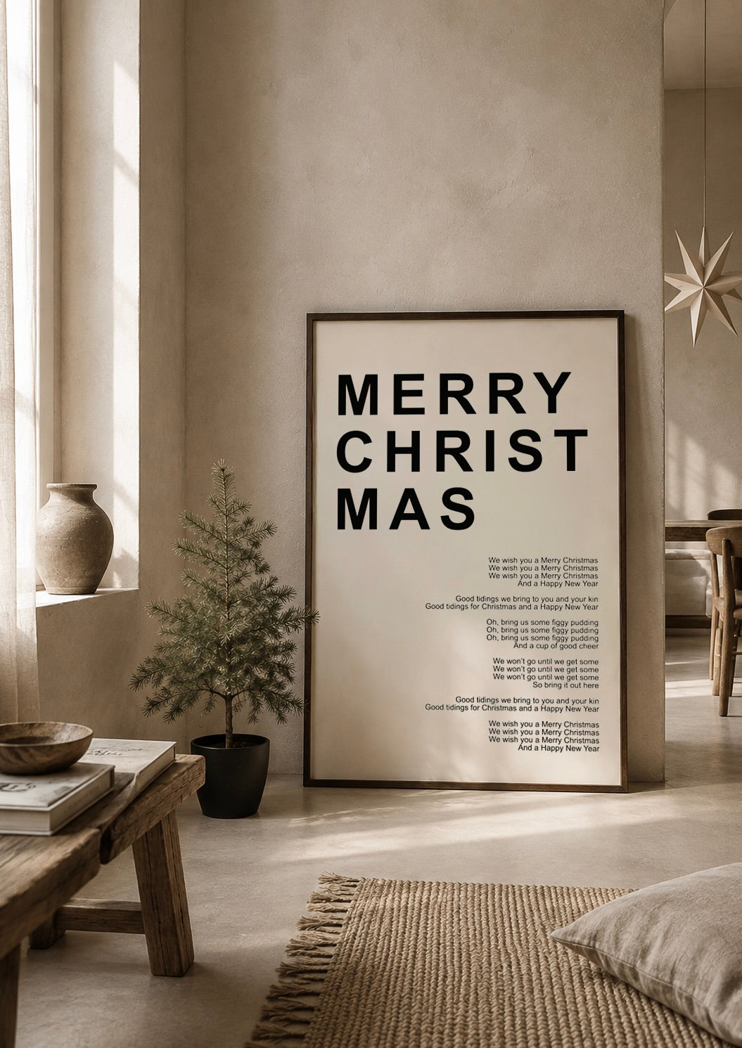 merry christmas poster licht beige met zwart japandi kerst stijl interieur
