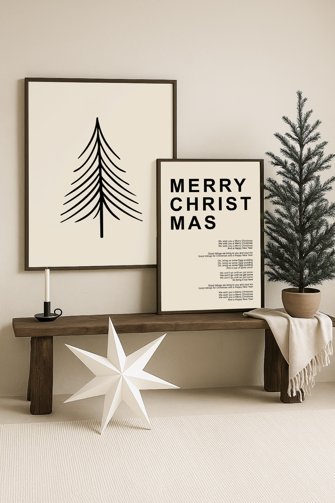 kerst poster poster beige met zwarte letters merry christmas