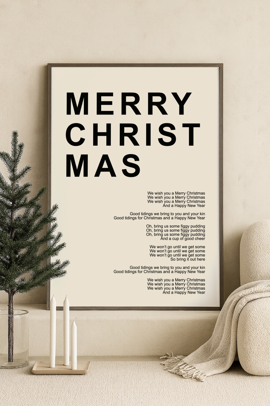 kerst poster merry christmas licht beige met zwarte tekst