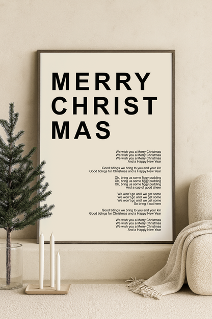 kerst poster merry christmas licht beige met zwarte tekst