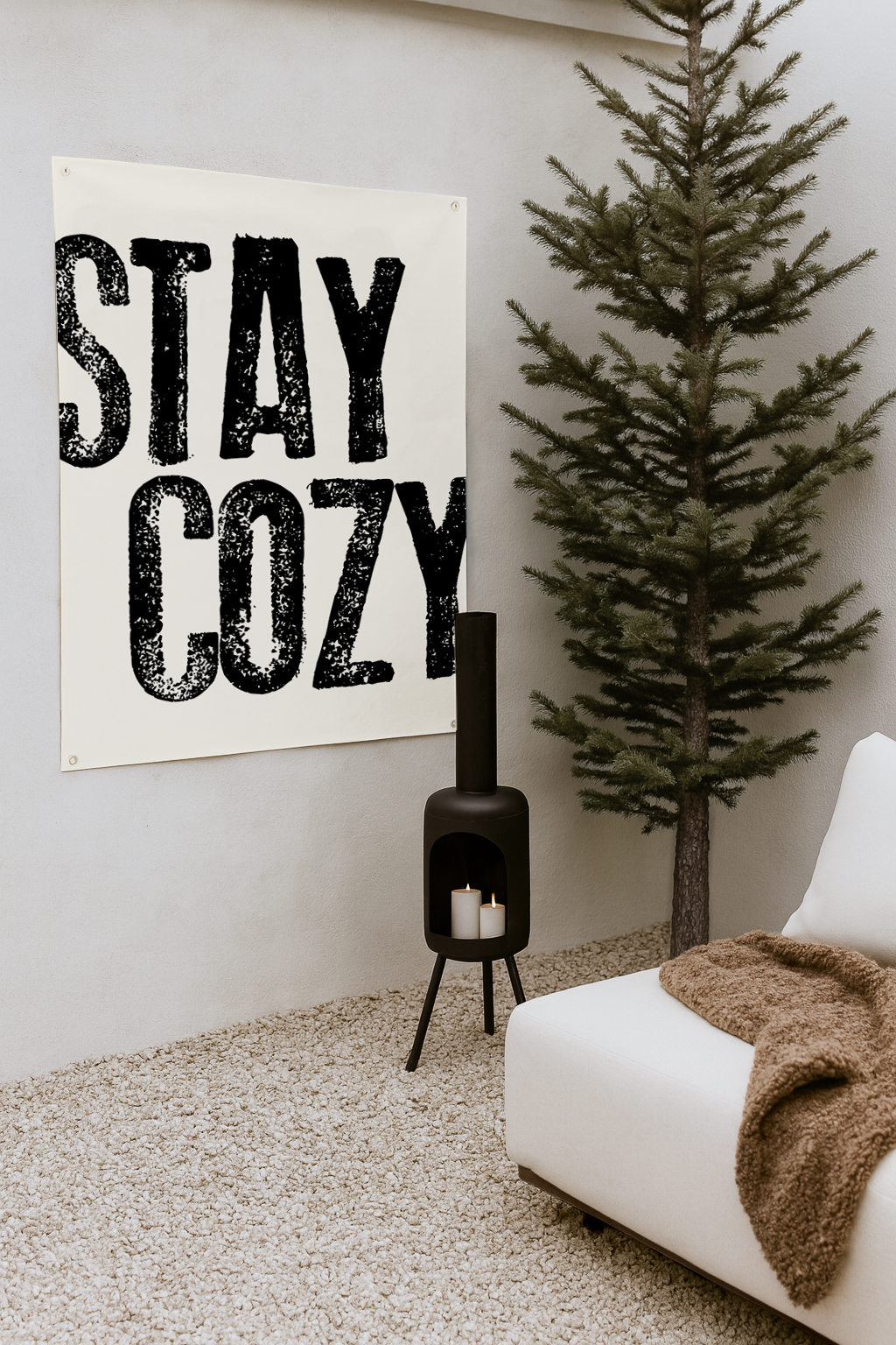 tuinposter poster beige met zwarte letters stay cozy