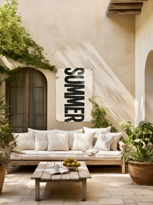 huisje van sanne tuinposter beige met zwarte tekst summer