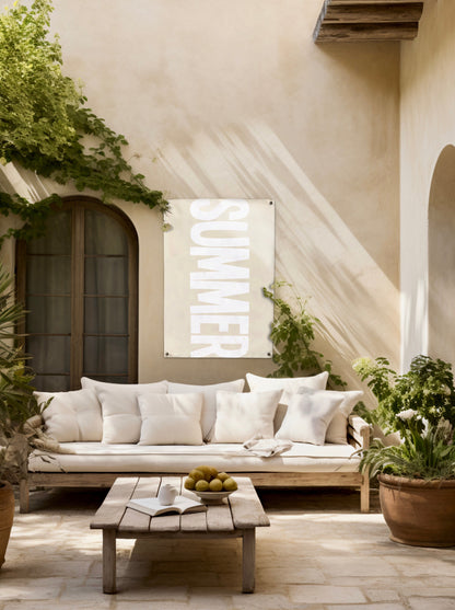 huisje van sanne tuinposter beige met witte tekst summer