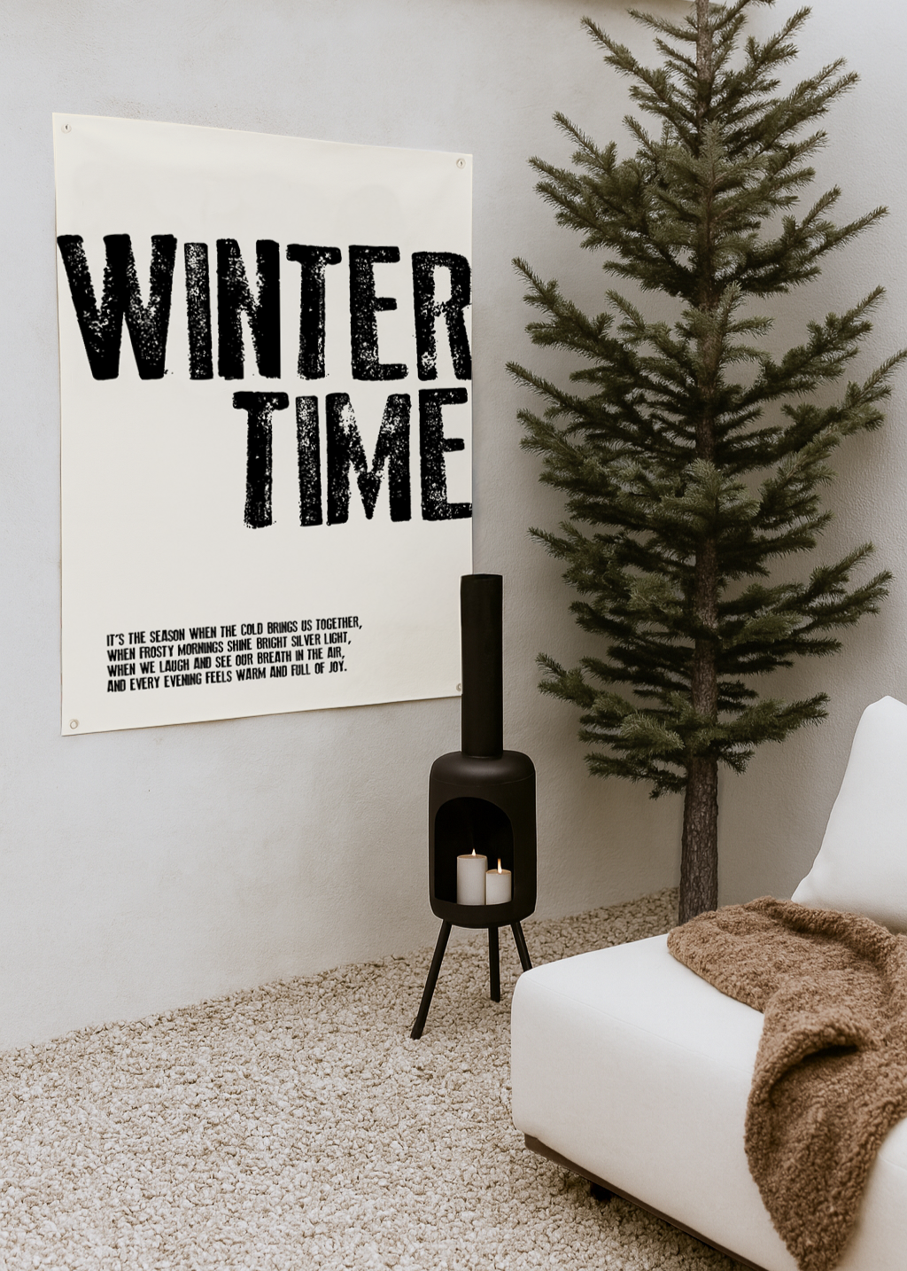 tuinposter poster beige met zwarte letters winter time