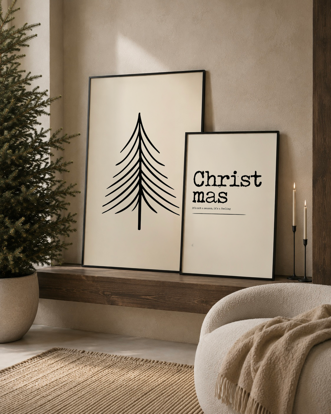 christmas poster licht beige met zwart japandi kerst stijl interieur