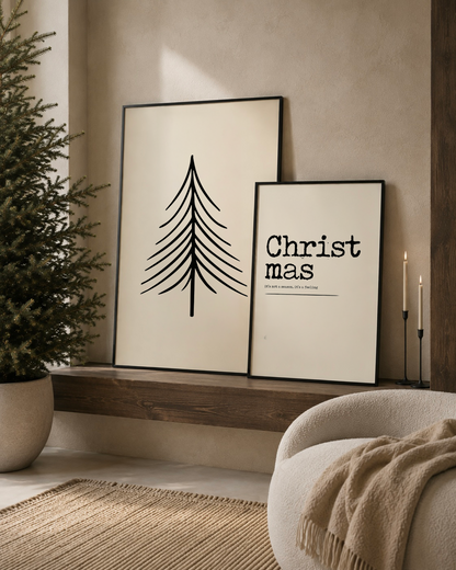 christmas poster licht beige met zwart japandi kerst stijl interieur