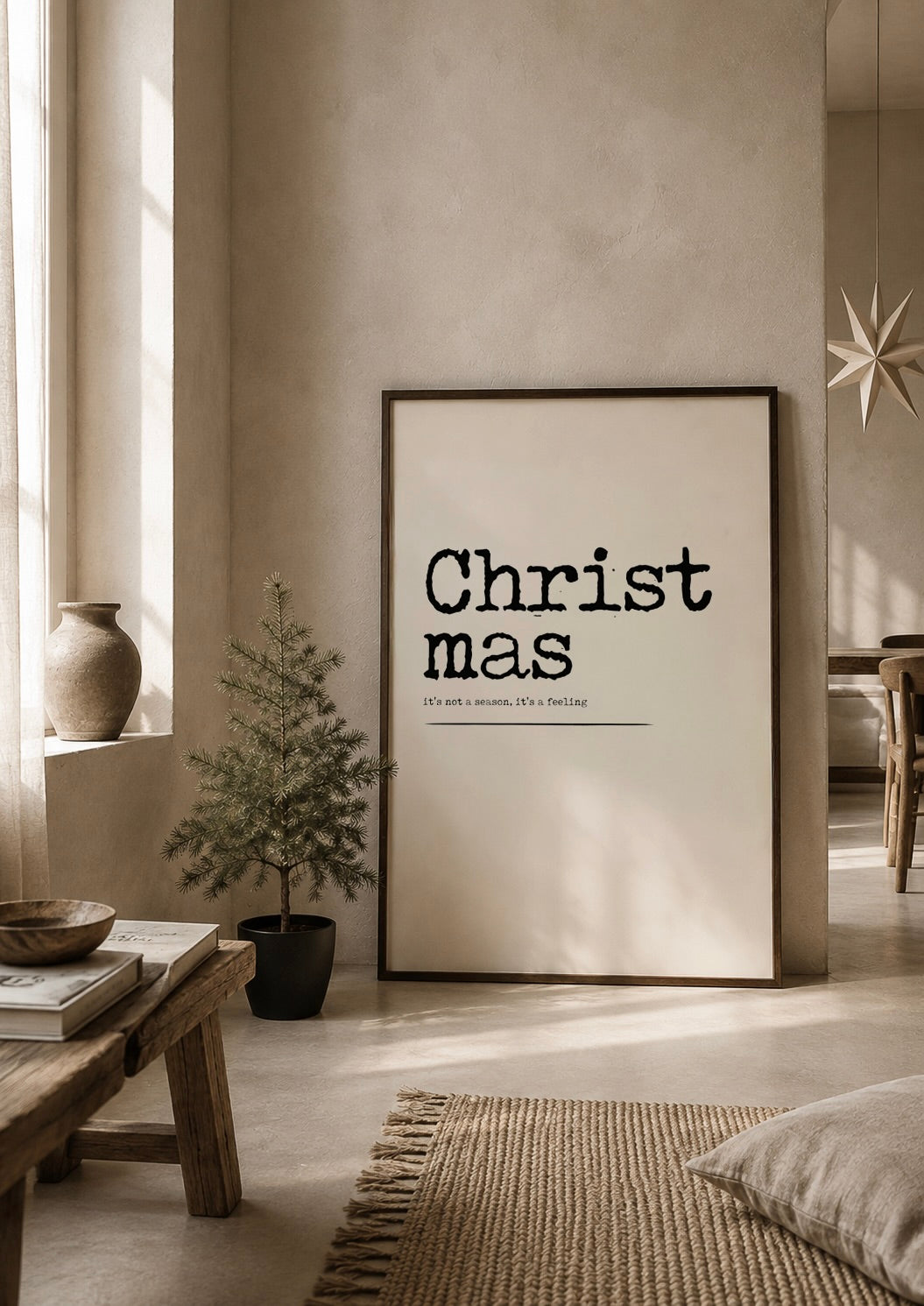 christmas poster licht beige met zwart japandi kerst stijl interieur