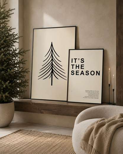 it's the season poster licht beige met zwart japandi kerst stijl interieur