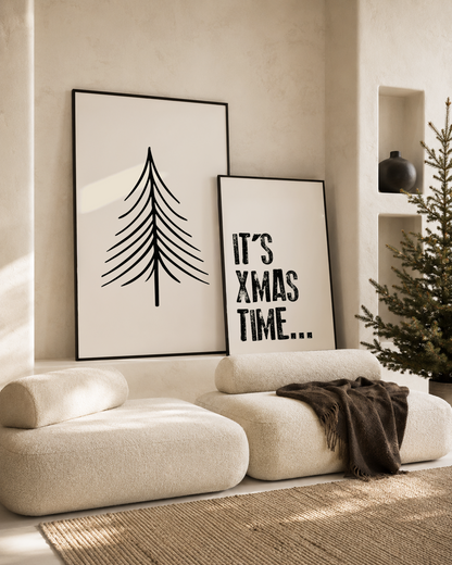Kerstboom poster licht beige met zwart japandi kerst stijl interieur
