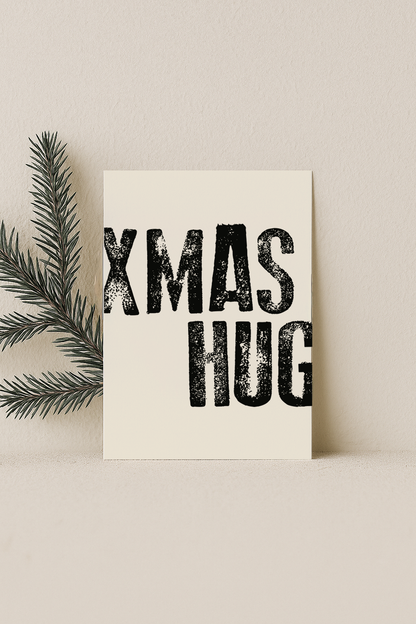 kerst kaart beige met zwarte letters xmas hug