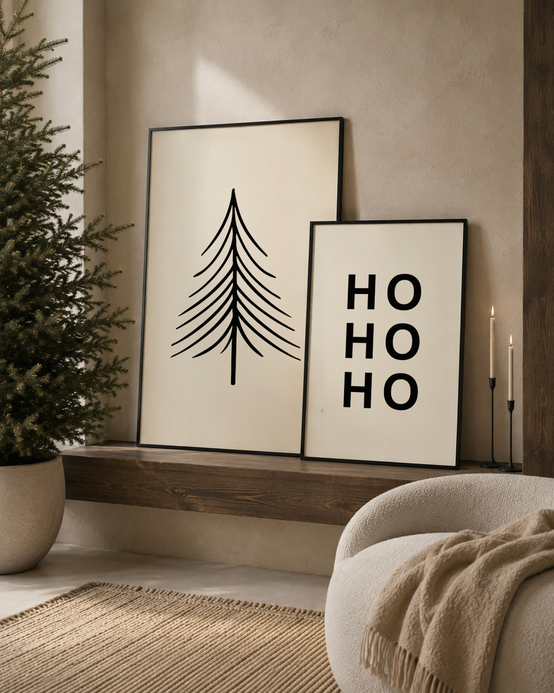 ho ho ho poster licht beige met zwart japandi kerst stijl interieur