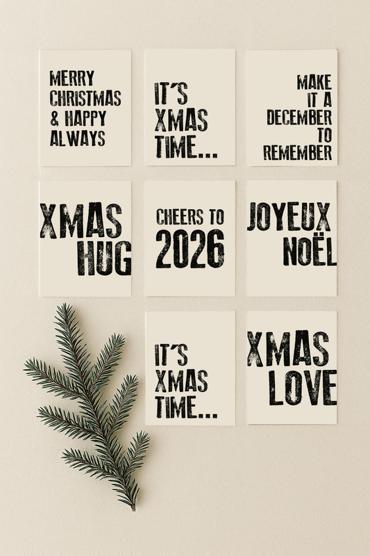 kerst kaart beige met zwarte letters 