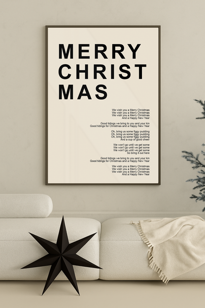 kerst poster poster beige met zwarte letters merry christmas