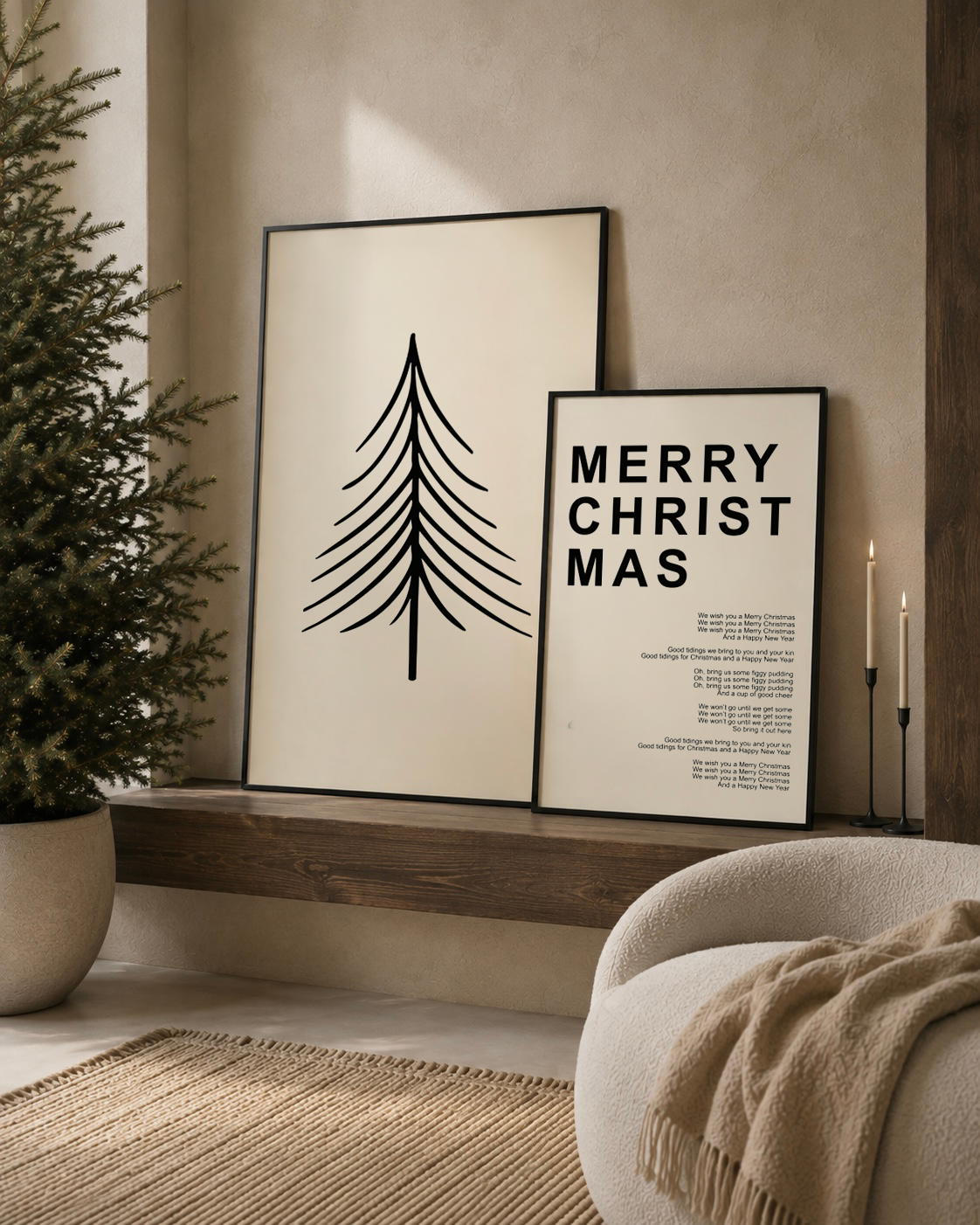 merry christmas poster licht beige met zwart japandi kerst stijl interieur
