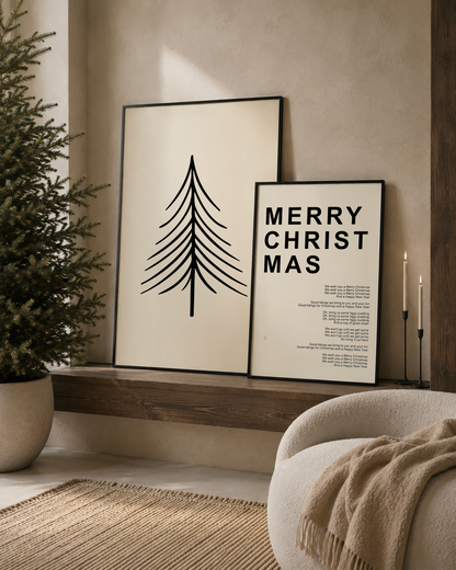 merry christmas poster licht beige met zwart japandi kerst stijl interieur