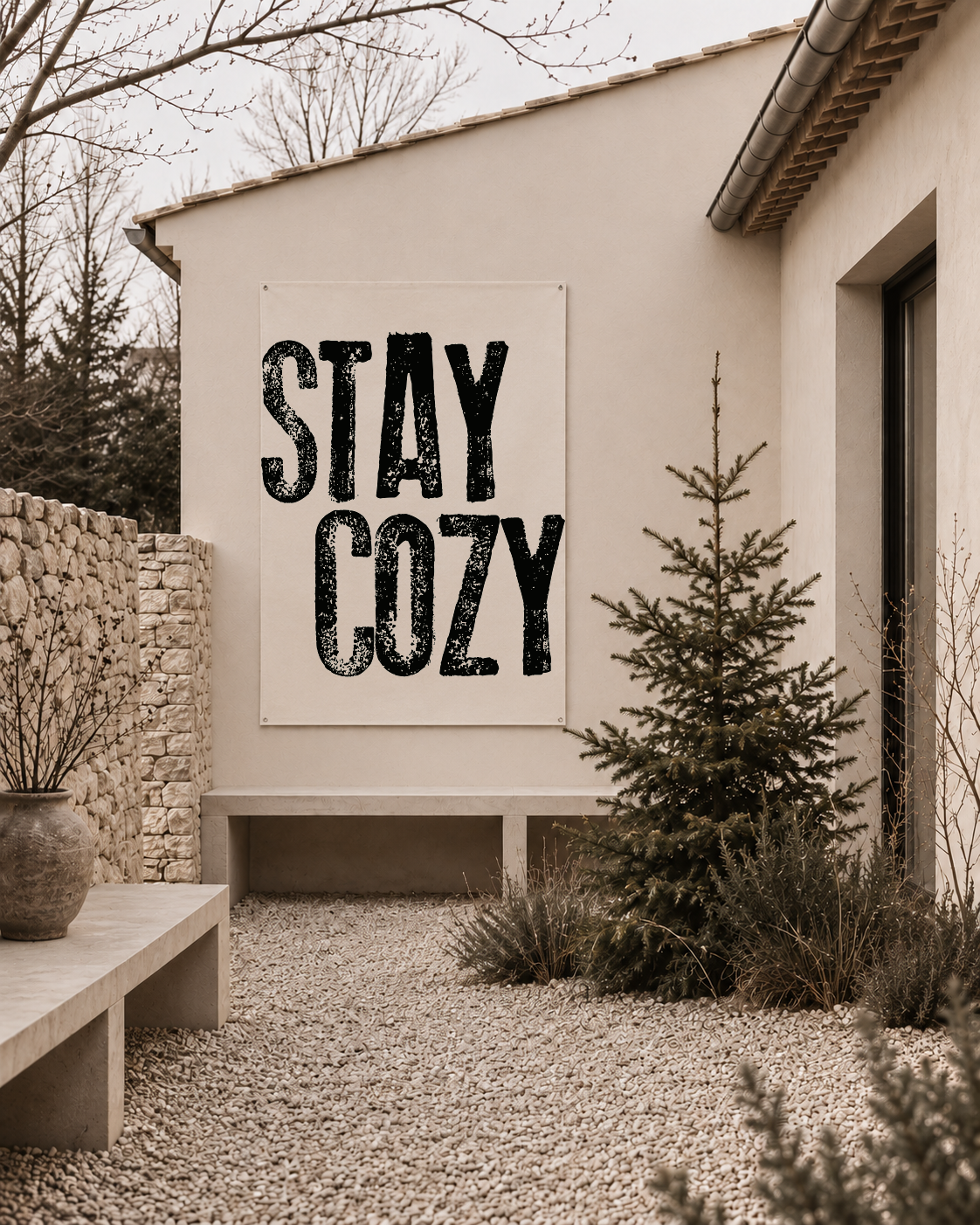 tuinposter poster beige met zwarte letters stay cozy