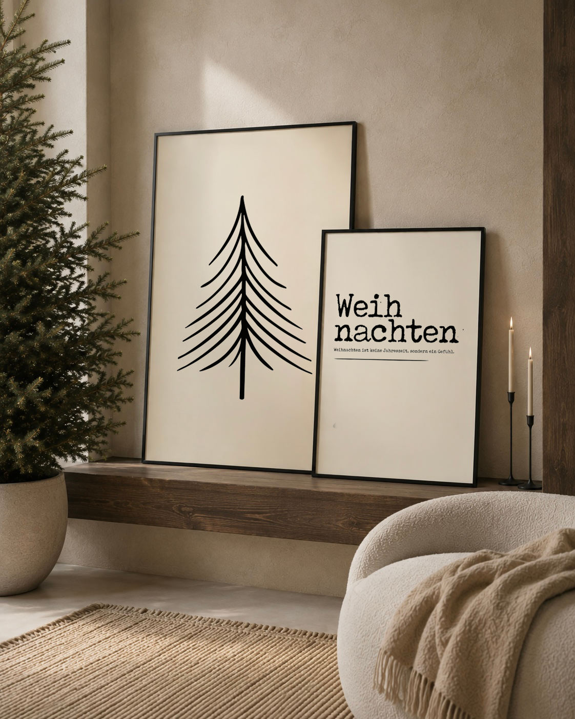 weihnachten poster licht beige met zwart japandi kerst stijl interieur