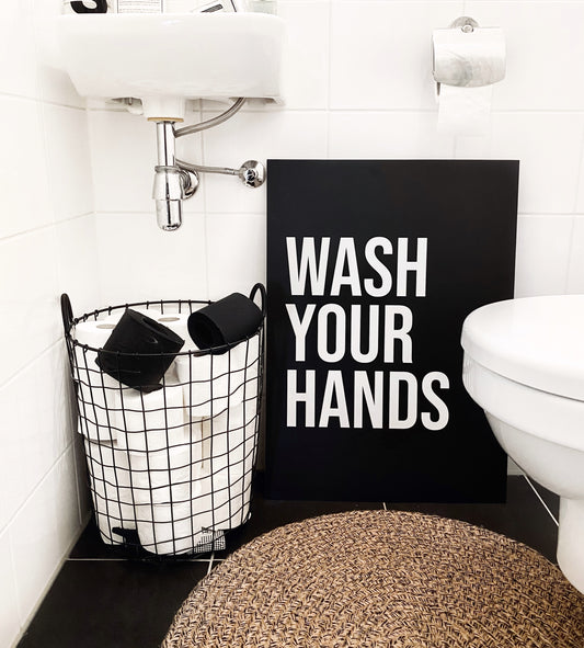 HUISJEVANSANNE toilet poster zwart wit met tekst wash your hands