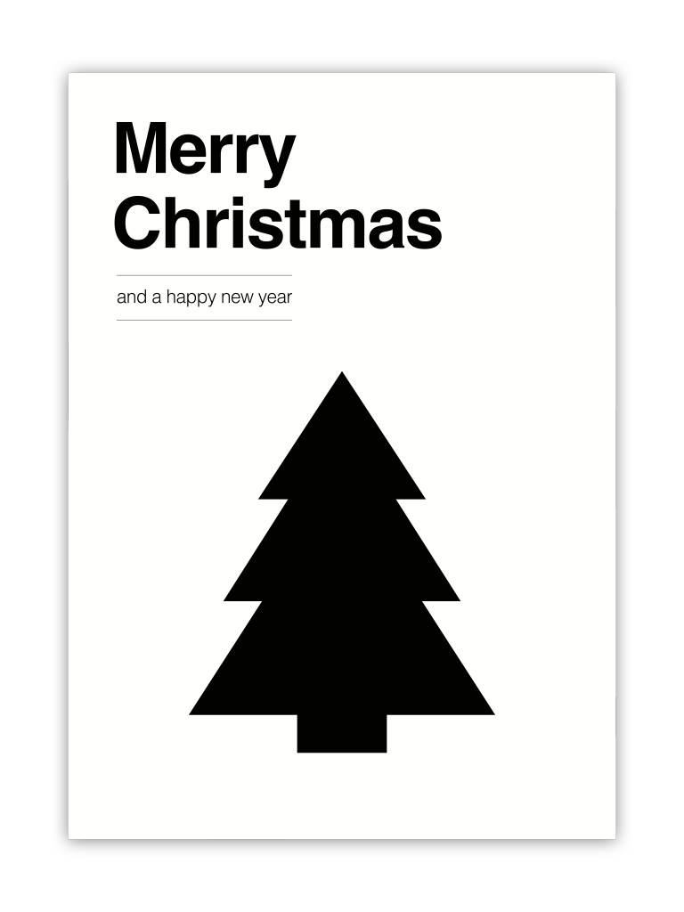 huisje van sanne kerst poster zwart wit met tekst merry christmas and a happy new year en kerstboom