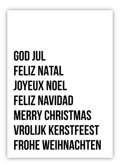 huisjevansanne kerst poster zwart wit met tekst vrolijk kerstfeest in verschillende talen