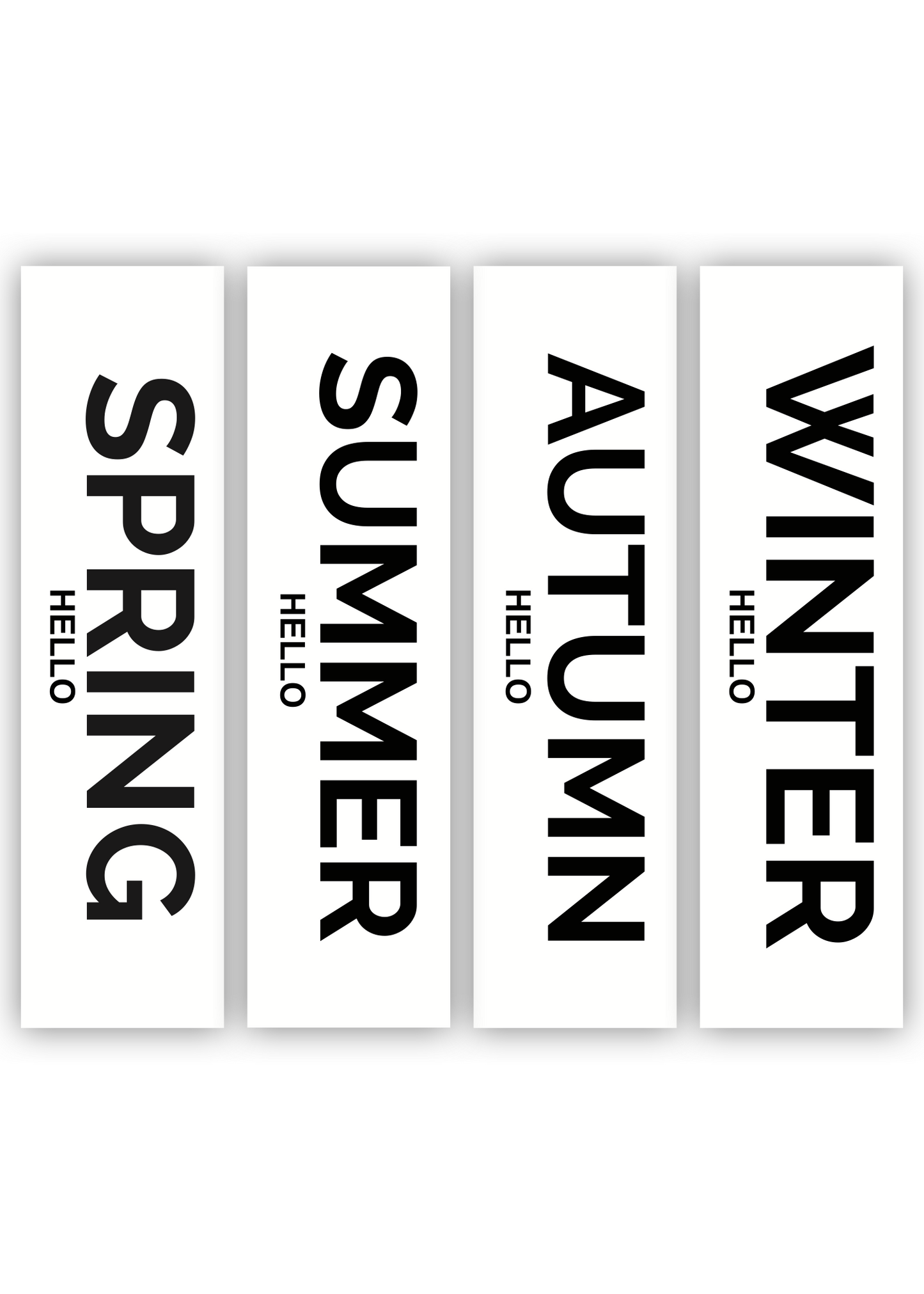 huisje van sanne langwerpige poster 4 seizoenen pakket zwart wit met tekst hello spring, summer, autumn en winter. 