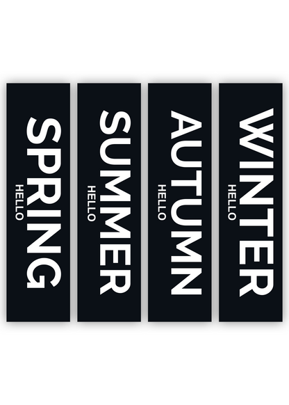 huisje van sanne langwerpige poster 4 seizoenen pakket zwart wit met tekst hello spring, summer, autumn en winter. 