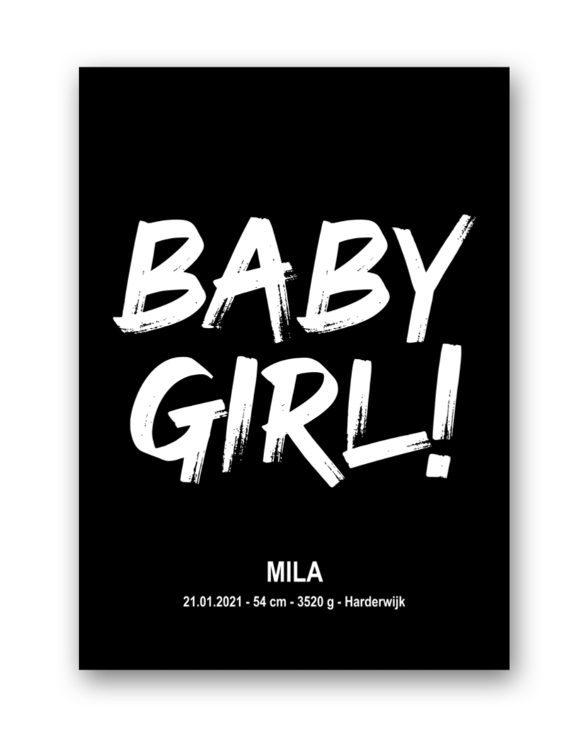 huisjevansanne gepersonaliseerde baby girl en kids poster zwart wit met letter, geboortedatum, lengte, gewicht en geboorteplaats