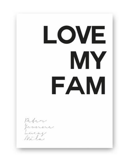 huisjevansanne gepersonaliseerde love my fam poster zwart wit met namen
